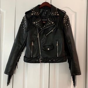NWOT Aqua Studded Fringe Faux Leather Moto Jacket